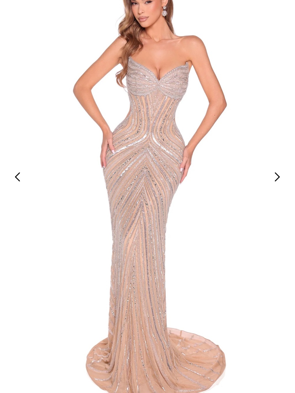 Amarra Sweetheart beaded prom gown w/ sheer side cutouts Nude/silver size 2